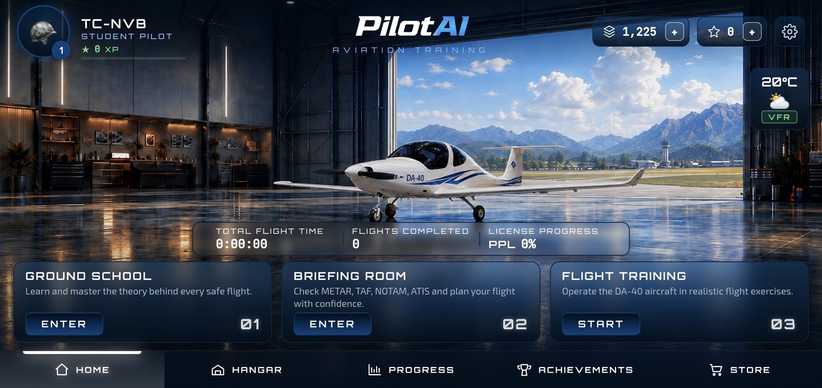 PilotAI hangar screen — student pilot dashboard showing flight time, flights completed, and license progress
